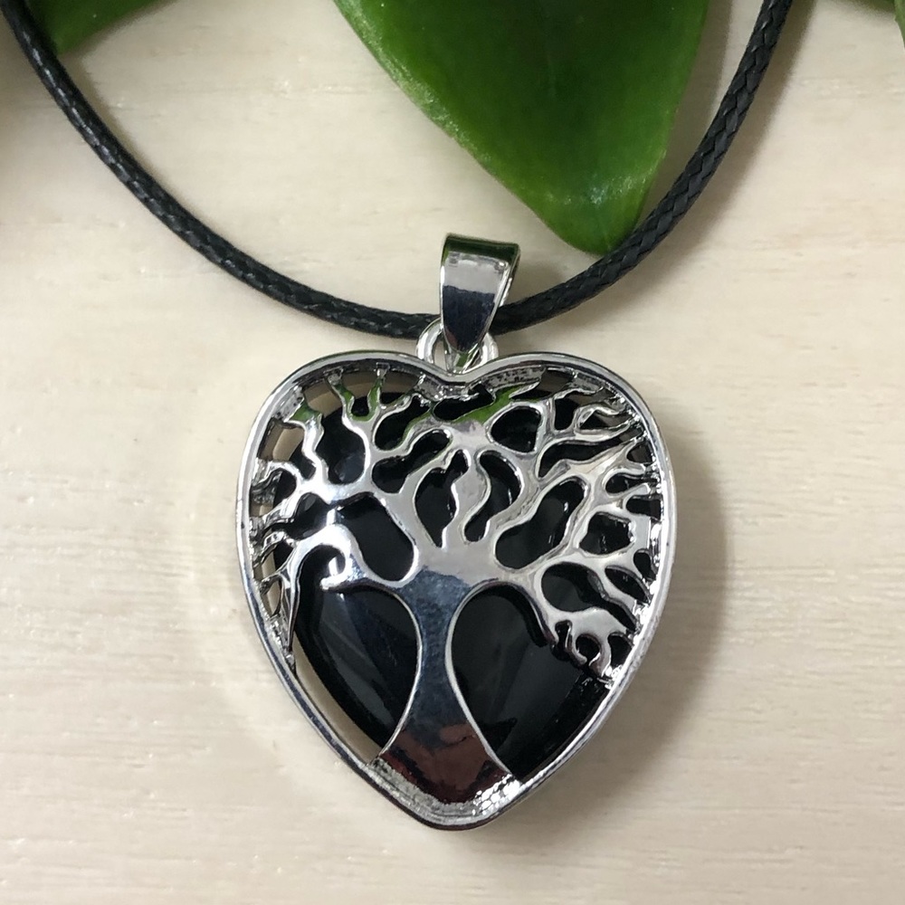 Black Obsidian Natural Gemstone Tree Of Life Heart Pendant Gemstone Necklace